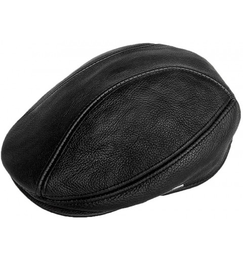 Newsboy Caps Newsboy Classic Flat Hat Genuine Leather Cabbie Hat Driving Ivy Cap - Plain Black - CU126AI8KFX $32.04