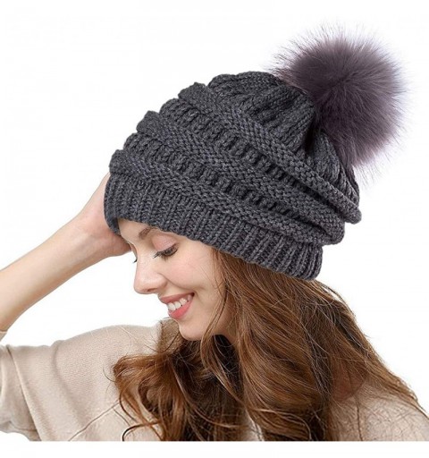Skullies & Beanies Slouchy Winter Knit Beanie for Women Ribbed Stretch Chunky Faux Fur Pom Pom Hat Bobble Ski Cap - Dark Grey...