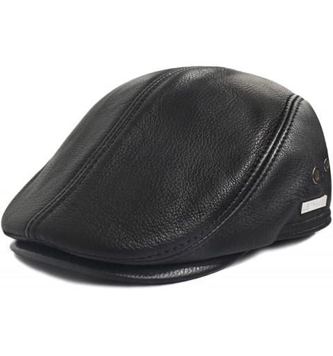 Newsboy Caps Flat Cap Cabby Hat Genuine Leather Vintage Newsboy Cap Ivy Driving Cap - Black - C61269CR9RL $36.55