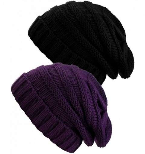 Skullies & Beanies Oversized Baggy Slouchy Thick Winter Beanie Hat - 2 Pack- Black/Dark Purple - CU1869EAG84 $15.52
