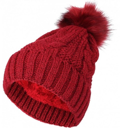 Skullies & Beanies Fleece Twist Knit Pom Beanie Winter Hat Slouchy Cap DZP0018 - Wine - C718L2OR53E $12.41