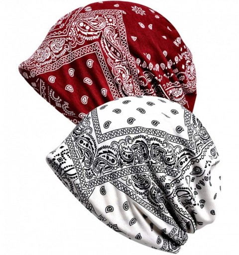 Skullies & Beanies Women's Soft Printed Chemo Cap Hat Slouch Beanie Pack of 2 - White/Red - C217AAK4AOE $11.35