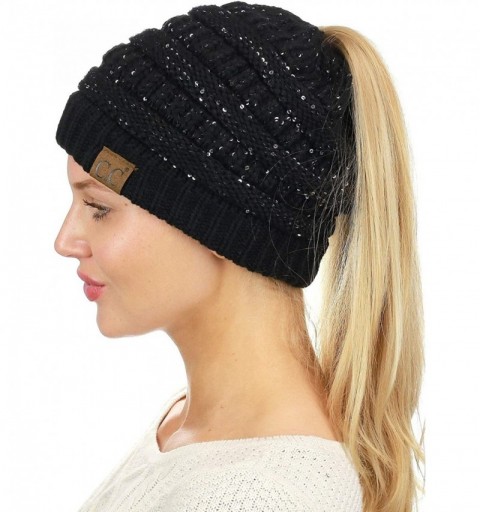 Skullies & Beanies BeanieTail Sparkly Sequin Cable Knit Messy High Bun Ponytail Beanie Hat - Black/Silver - CS18HDE96TD $12.70