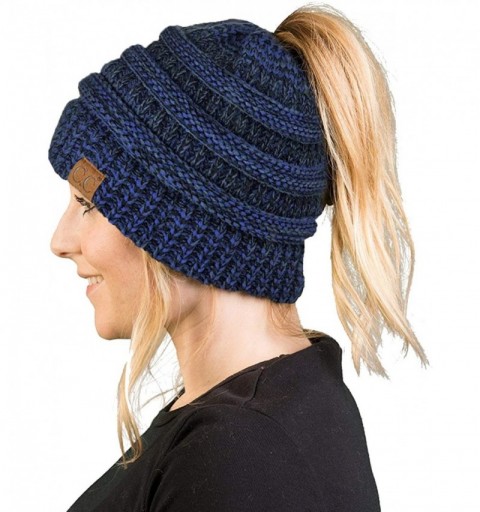 Skullies & Beanies Women's Beanie Ponytail Messy Bun BeanieTail Multi Color Ribbed Hat Cap - A Midnight Blue Tricolor Mix - C...