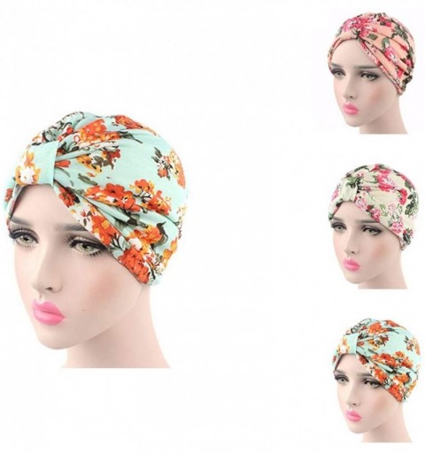 Skullies & Beanies Womens Floral Print Cotton Turban Chemo Sleep Cap-Turban Hat Cap Hair Wrap - 3 Colors(print Blue+pink+beig...