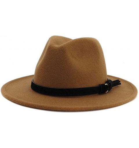 Fedoras Women Men's Belt Buckle Fedora Hat Wide Brim Panama Hats - A Black Belt Khaki - CB18W62MIUW $17.07
