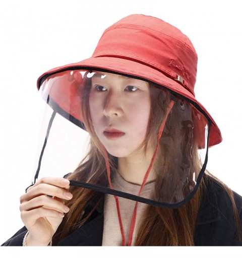 Sun Hats Womens UPF50+ Linen/Cotton Summer Sunhat Bucket Packable Hats w/Chin Cord - 00016_red(with Face Shield) - CY17YENAUY...