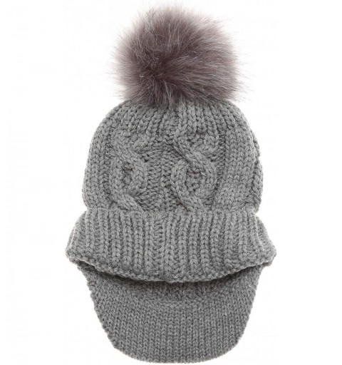 Skullies & Beanies Women's Winter Warm Cable Knitted Visor Brim Pom Pom Beanie Hat with Soft Sherpa Lining. - Grey - Grey Pom...
