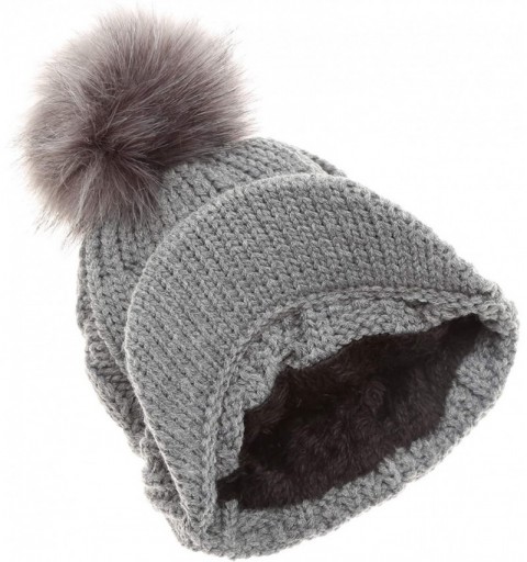 Skullies & Beanies Women's Winter Warm Cable Knitted Visor Brim Pom Pom Beanie Hat with Soft Sherpa Lining. - Grey - Grey Pom...