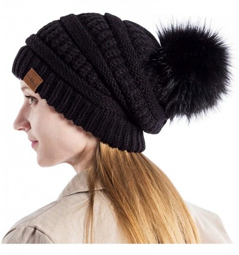 Skullies & Beanies Womens Winter Slouchy Beanie Hat- Knit Warm Fleece Lined Thick Thermal Soft Ski Cap with Pom Pom - Black&b...