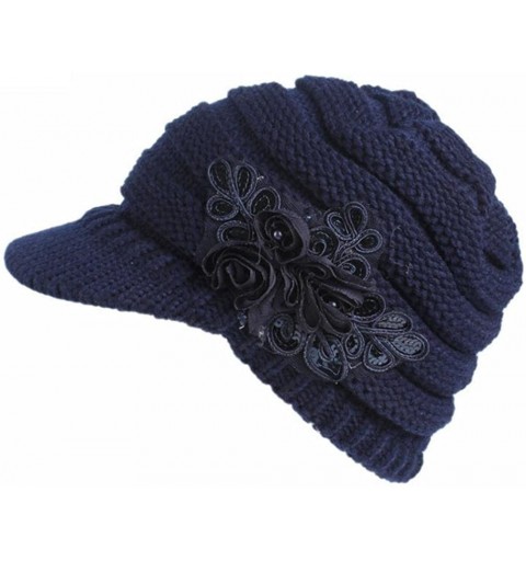 Skullies & Beanies Women Ladies Winter Knitting Hat Warm Artificial Wool Snow Ski Caps With Visor - Navy - CK188Q69NH6 $10.22
