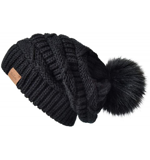 Skullies & Beanies Women Winter Knit Slouchy Beanie Hats with Faux Fur Pom Pom Thick Warm Chunky Baggy hat Ski Cap - C918X8YO...