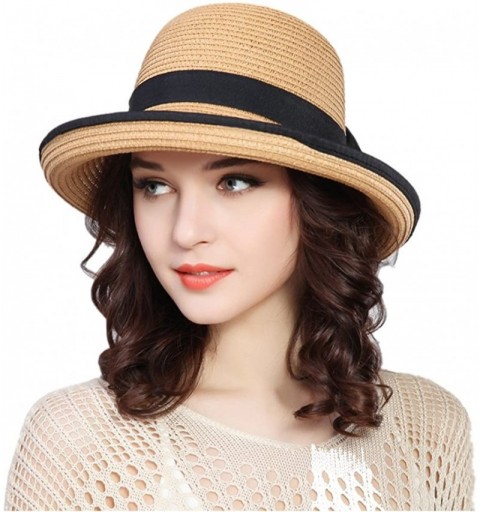 Sun Hats Kekolin Womens Straw Hat Floppy Foldable Roll up Beach Cap Sun Hat - Khaki With Black - CX180GGELTY $30.23