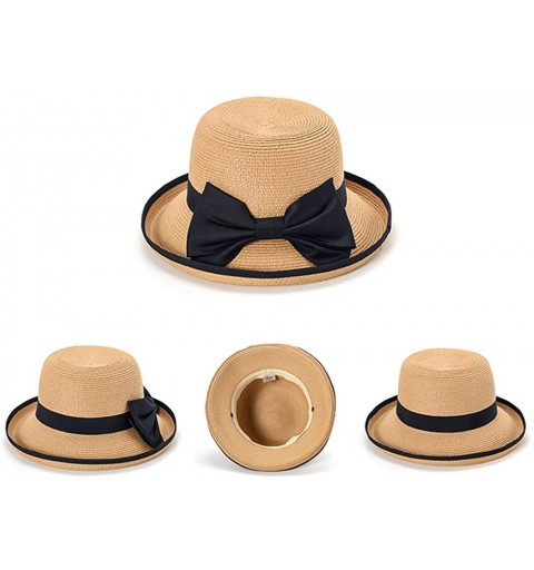 Sun Hats Kekolin Womens Straw Hat Floppy Foldable Roll up Beach Cap Sun Hat - Khaki With Black - CX180GGELTY $30.23