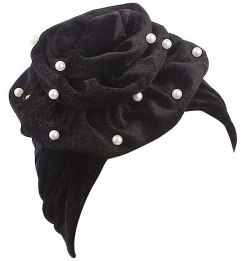 Skullies & Beanies Women Velvet Turban Hat Indian Cap Flower Slouchy Beanie Stretch Chemo Headwrap - Ia Flower Beads Black - ...