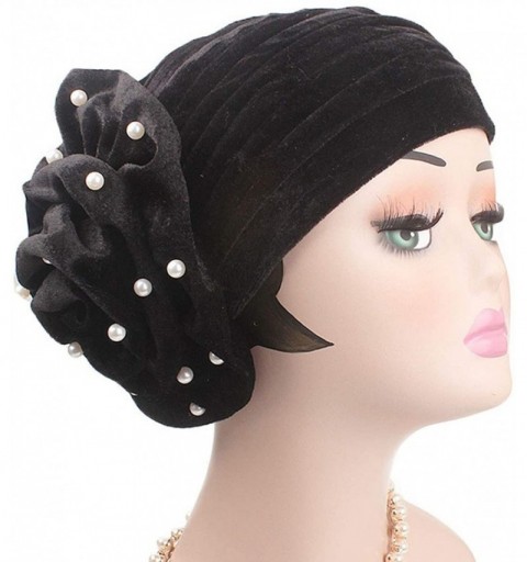 Skullies & Beanies Women Velvet Turban Hat Indian Cap Flower Slouchy Beanie Stretch Chemo Headwrap - Ia Flower Beads Black - ...