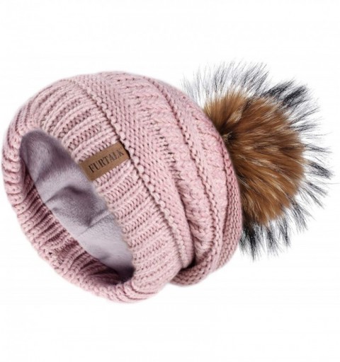 Skullies & Beanies Winter Hats Beanie for Women Lined Slouchy Knit Skiing Cap Real Fur Pom Pom Hat for Girls - C018UKT6WYU $1...