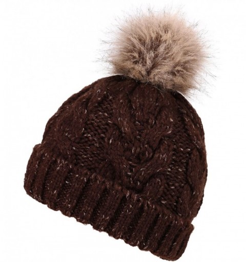 Skullies & Beanies Cable Knit Beanie with Faux Fur Pompom Ears - Single Pom_mix Brown - CE192ZSC2TG $10.14
