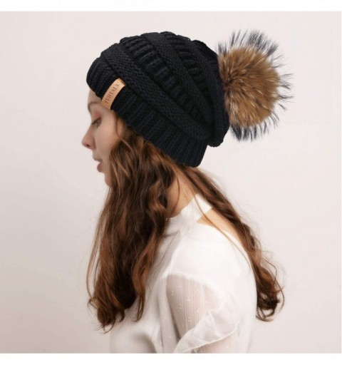 Skullies & Beanies Winter Hats Beanie for Women Lined Slouchy Knit Skiing Cap Real Fur Pom Pom Hat for Girls - C018UKT6WYU $1...