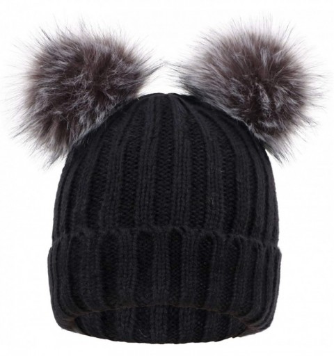 Skullies & Beanies Womens Winter Thick Cable Knit Beanie Hat with Faux Fur Pompom Ears - Black Beanie With Black Grey Pompom ...