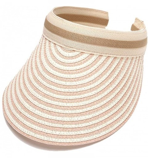 Visors Women UV Sun Protection Packable Straw Wide Brim Beach Visor Sun Hat - Pink - CV196M3H76D $9.84