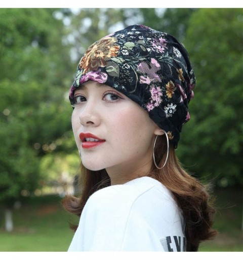 Skullies & Beanies Womens Lace Beanie Chemo Caps- Satin Lined Chemo Headwear Beanie for Women Girl - Black+navy - CL18H87KQMH...