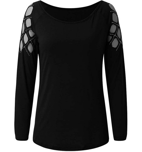 Baseball Caps Women Summer Long Sleeve Cold Shoulder T Shirts Cut Out O Neck Tunic Blouses Studded Pullover Sweater - Black -...
