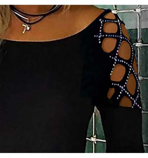 Baseball Caps Women Summer Long Sleeve Cold Shoulder T Shirts Cut Out O Neck Tunic Blouses Studded Pullover Sweater - Black -...