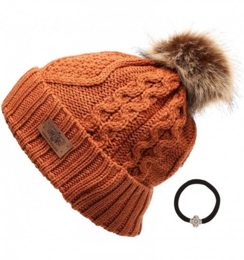 Skullies & Beanies Women's Winter Fleece Lined Cable Knitted Pom Pom Beanie Hat with Hair Tie. - Rust - C812MXJDWJJ $10.53