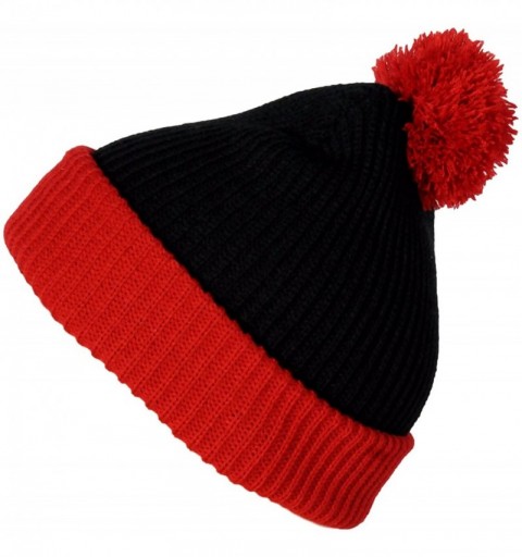 Skullies & Beanies Premium Cuffed Thick Mens/Womens Warm Two Tone pom pom Winter Hats - Blackred - CO110DG8I2F $8.91