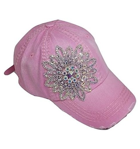 Baseball Caps Women's Large AB Iridescent Crystal Flower Distressed Baseball Cap - Pink - C817YZOM8DD $84.18