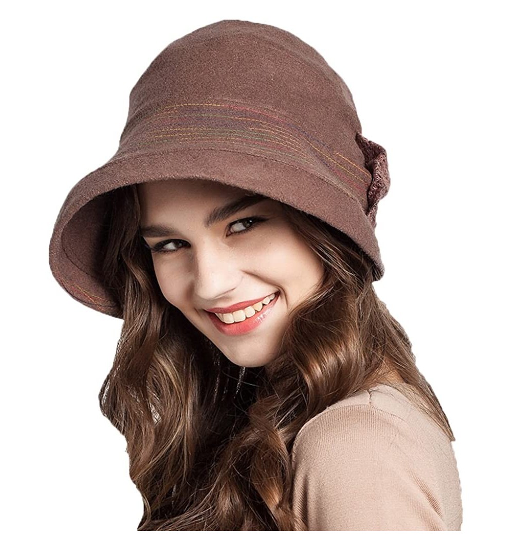Bucket Hats Trade Women's Decorative Bow Wool Bucket Hat - Brownness - CU1293F3ZFL $18.53