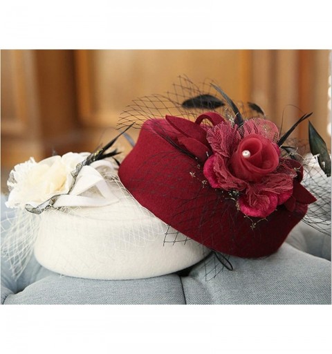 Berets Pillbox Hat Fascinator Beret Wedding Party Top Hat Church Wool Hat for Women - Ivory Flower - CV18AI6LZIK $17.56