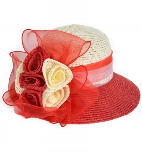 Bucket Hats Women's Straw Cloche Hat Ribbon Flower Bucket Bridal Church Derby Cap - Red - CD12LT2WEO9 $25.09