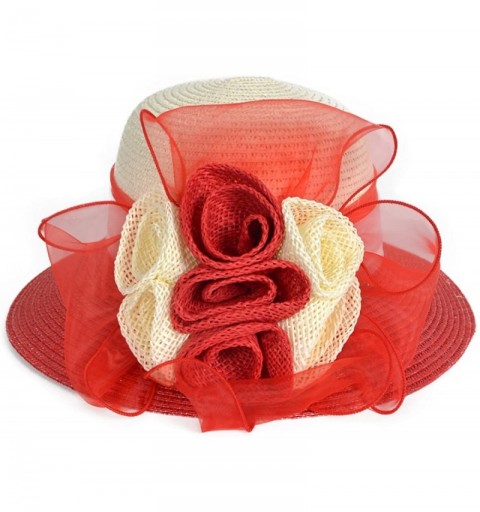 Bucket Hats Women's Straw Cloche Hat Ribbon Flower Bucket Bridal Church Derby Cap - Red - CD12LT2WEO9 $25.09