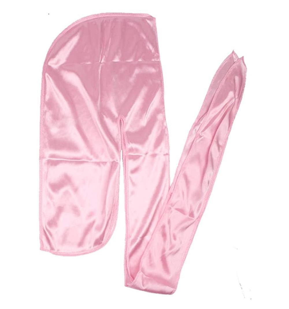 Skullies & Beanies Men Silk Durag Long Straps Bandanas for Men Headwear Waves Cap - Baby Pink - CP18A75UEQZ $9.53