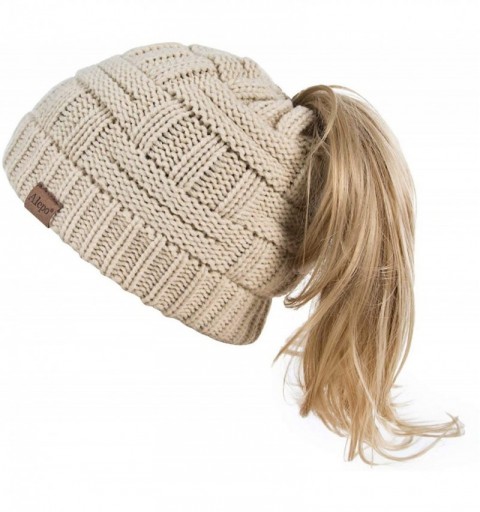 Skullies & Beanies Womens High Messy Bun Beanie Hat with Ponytail Hole- Winter Warm Trendy Knit Ski Skull Cap - Beige - C5192...
