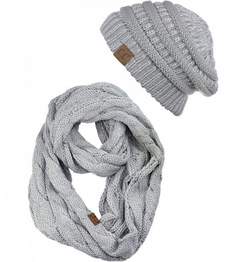 Skullies & Beanies Unisex Soft Stretch Chunky Cable Knit Beanie and Infinity Loop Scarf Set - Metallic Silver - CD18KIIR7WI $...