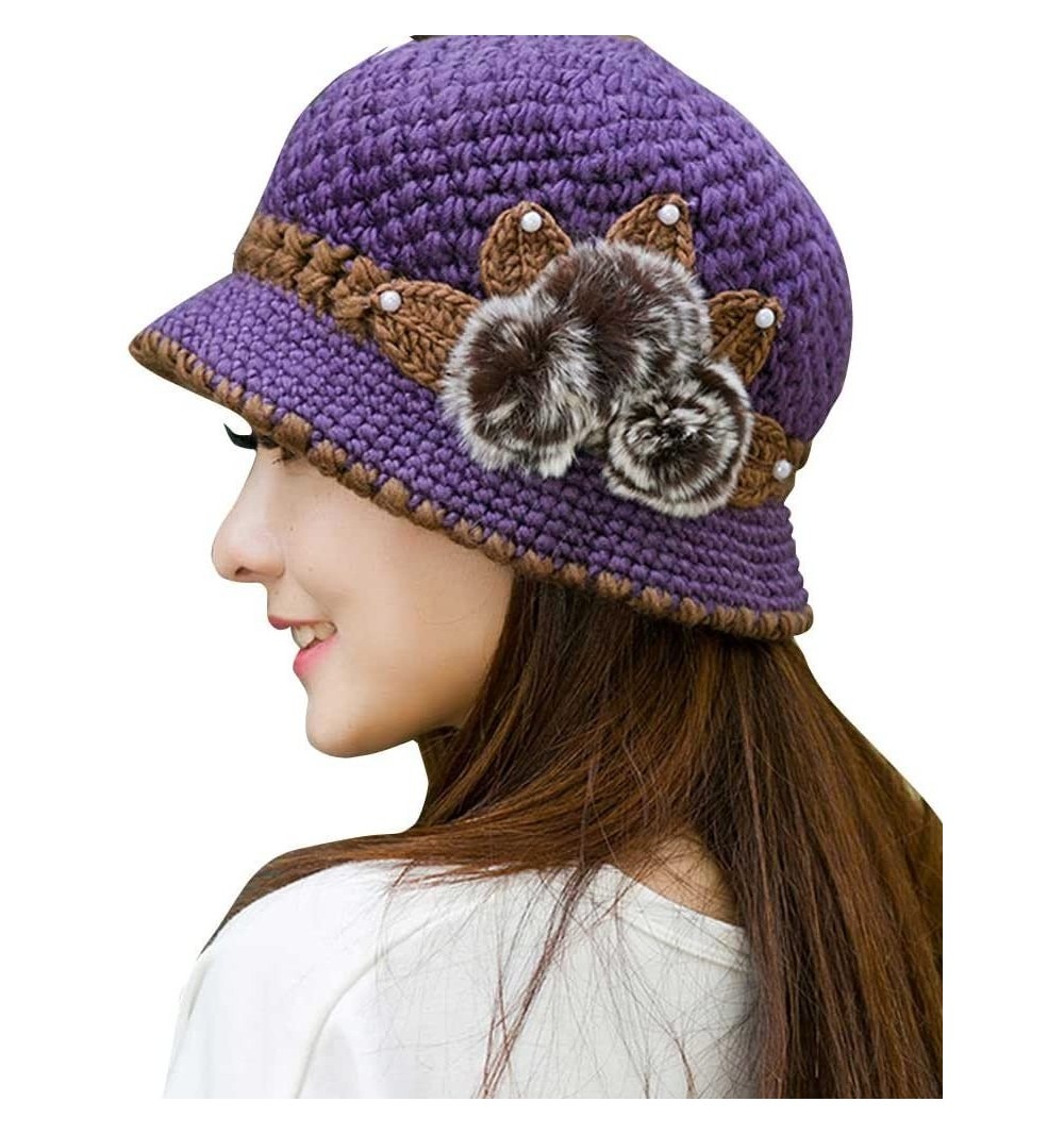 Skullies & Beanies Vintage Boho Cloche Hat Warm Crochet Knitted Decorative Flowers Wool Beret for Women Lady - Purple - C818I...