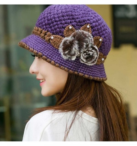 Skullies & Beanies Vintage Boho Cloche Hat Warm Crochet Knitted Decorative Flowers Wool Beret for Women Lady - Purple - C818I...