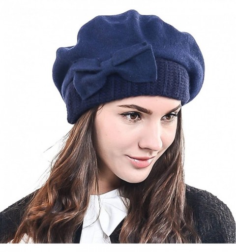 Berets Lady French Beret 100% Wool Beret Chic Beanie Winter Hat HY023 - Knit-navy - C612ODKYS2P $18.46