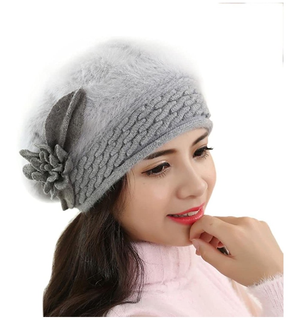 Berets Winter Beret Cap Womens Flower Knit Crochet Beanie Hat Winter Warm Cap - Gray 1 - CP185LHUK5N $9.81