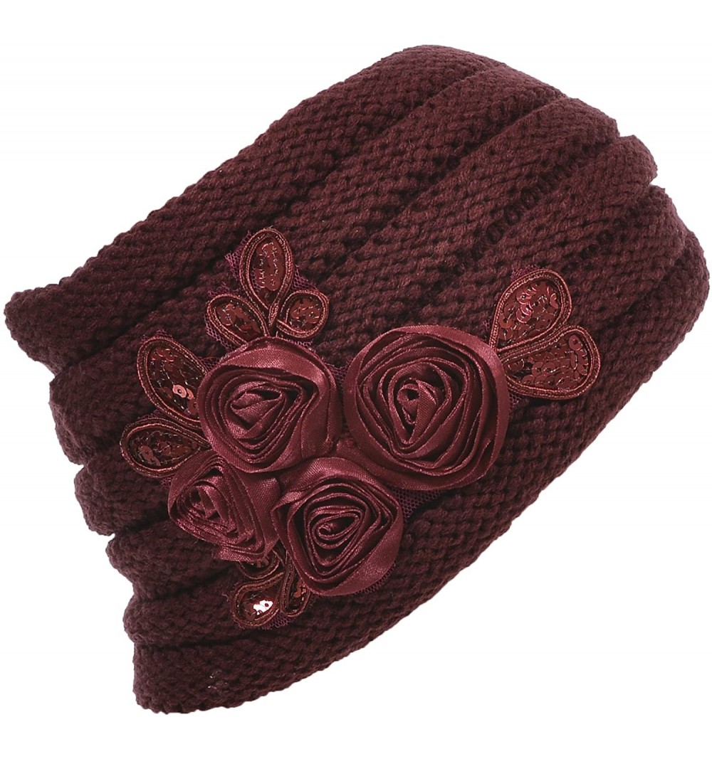 Cold Weather Headbands Women's Floral Knitted Headband Sequins Satin Headwrap - Burgundy. - CH12GUFW1I9 $14.37
