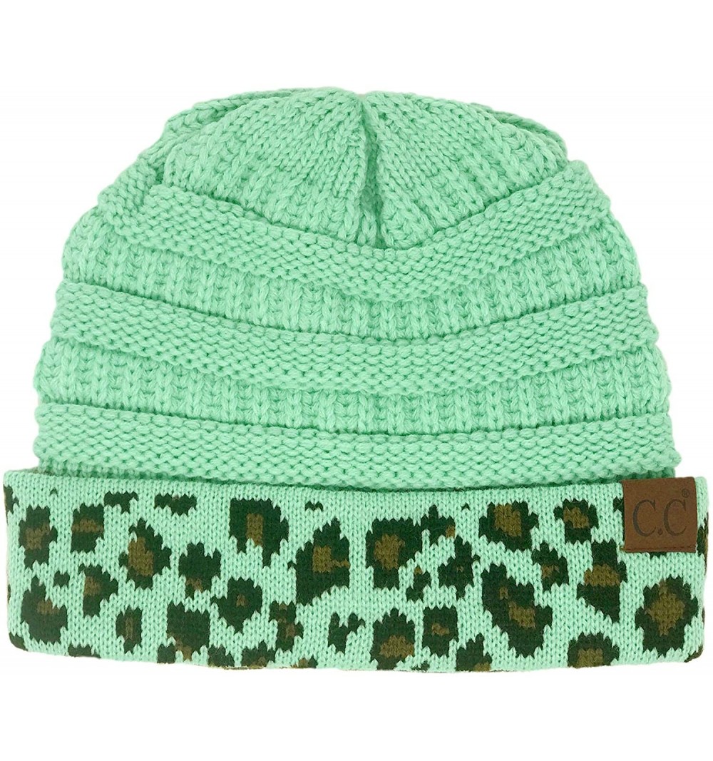 Skullies & Beanies Winter Fall Trendy Chunky Stretchy Cable Knit Beanie Hat - Leopard Mint - CH18Y58XSMK $9.25