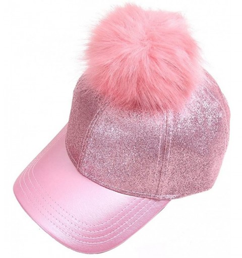 Baseball Caps Glitter Removable Fur Pom Pom Baseball Cap - Pink - C812LHL359P $16.23