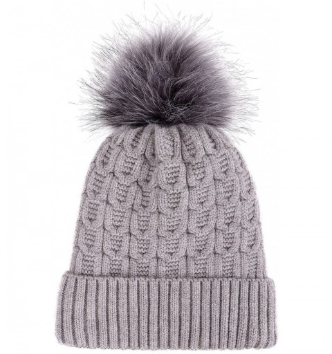 Skullies & Beanies Men & Women's Luxurious Faux Fur Pompom Thick Cable Cap Knit Skull Ski Cap Winter Beanie Hat - Grey - CR18...