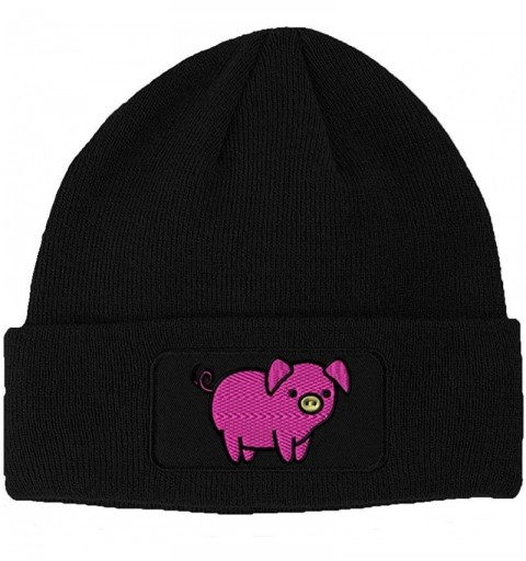 Skullies & Beanies Custom Patch Beanie Pink Piggy Embroidery Acrylic Skull Cap Hats for Men & Women - Black - CM18A6EYYSZ $16.90
