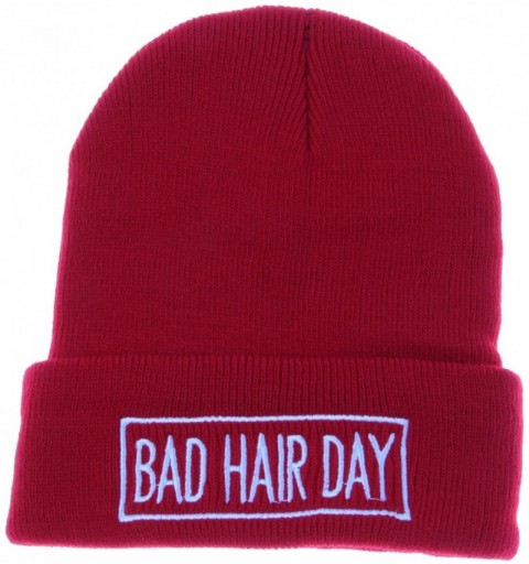Skullies & Beanies Winter Knit Bad Hair Day with Line Beanie Hat (Red) - C911QF7AKI5 $9.78