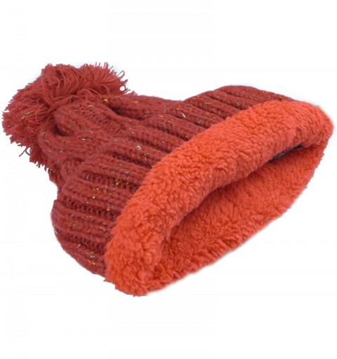 Skullies & Beanies Fleece Lined Warm Knitted Slouchy Pom Pom Cable Beanie Cap Hat - Confetti Red - CC1875KX9EO $14.26