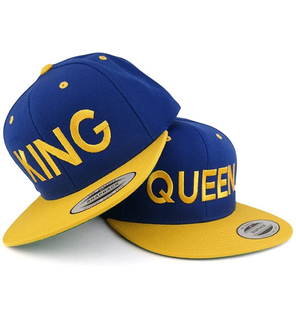 Baseball Caps King and Queen Two Tone Embroidered Flat Bill Snapback Cap - 2pc Set - Royal Yellow - CV17YXNLARR $37.64